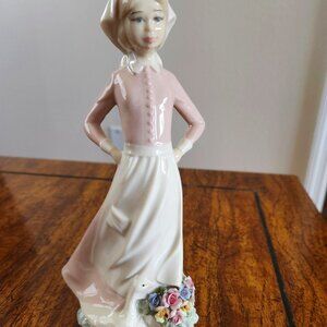 Bryon Molds Porcelain Farm Girl with Intricate Roses and Goose